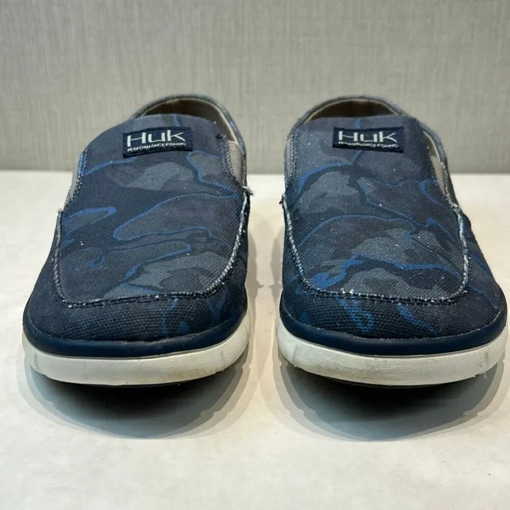 HUK Mens Brewster Slip On Shoes Boat Loafers Blue PEI Canvas Sz 8